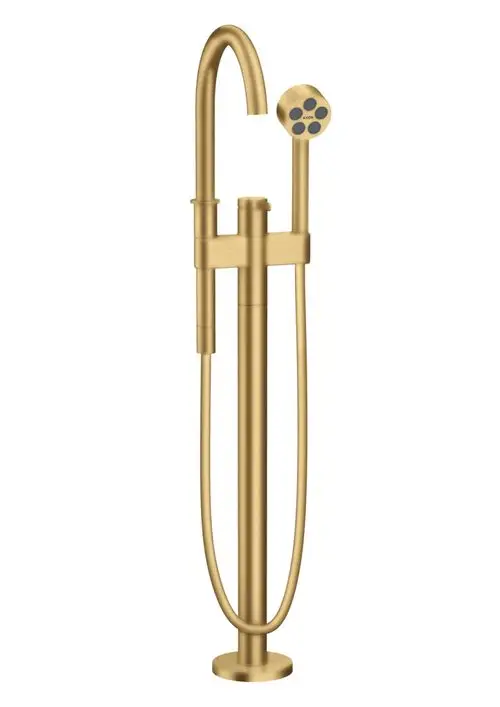 Freistehender Badewannenmischer in gebürsteter Goldoptik, mit Handbrause und Steuerung. Produkt von AXOR mit schlichtem, funktionalem Design.